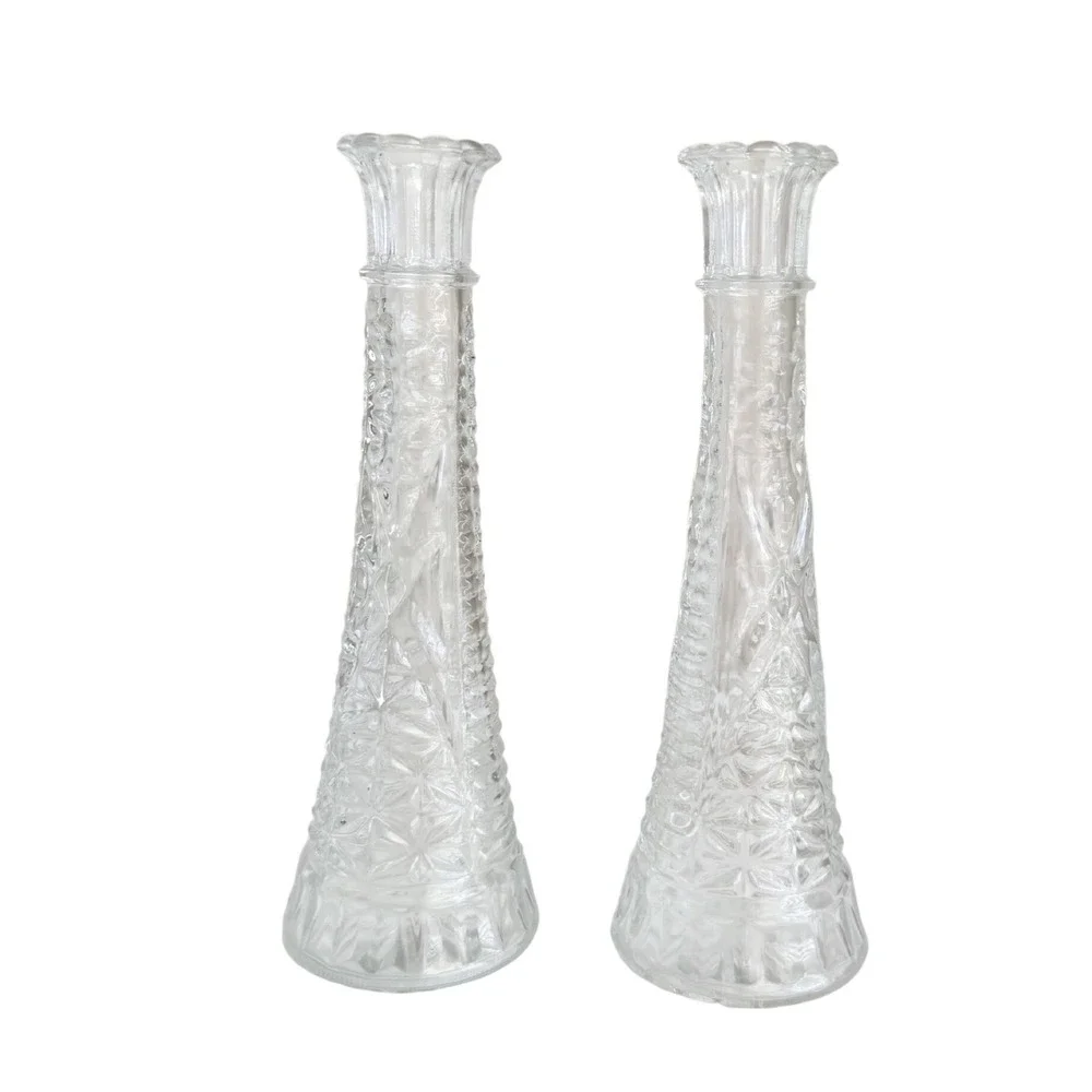Bud Vase Set of 2 Medium Clear Pressed Glass Starburst Pattern Cottagecore Decor